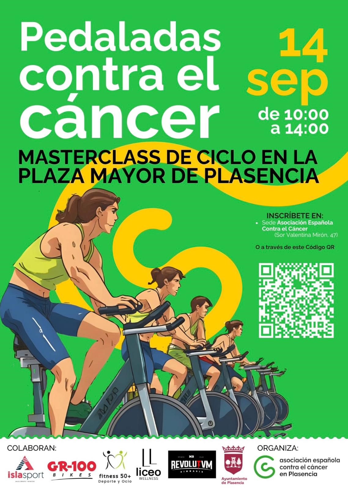 Evento solidario «Pedaladas contra el Cáncer» en Plaza Mayor de Plasencia el 14 de septiembre. Participa en sesiones de ciclo indoor al aire libre. Inscripciones abiertas. ¡Colabora por una buena causa!