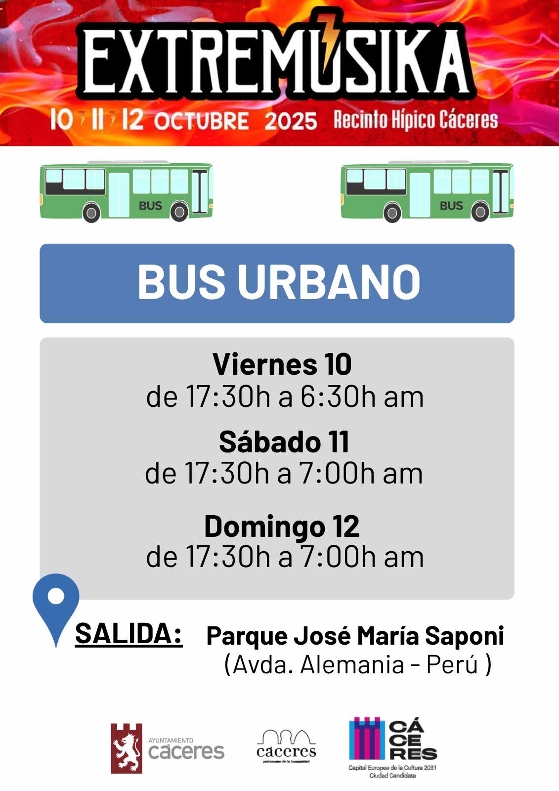 Servicio de autobuses al Recinto Ferial durante Extremúsika en Cáceres