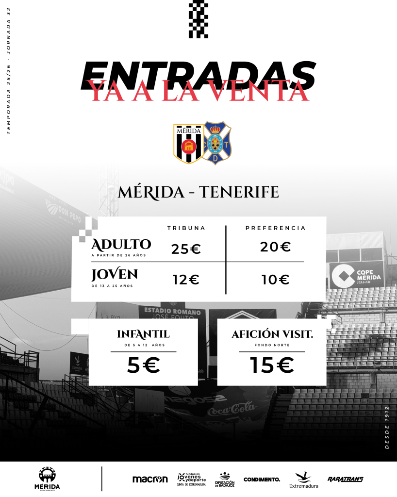 Entradas a la venta para el partido Mérida vs Tenerife