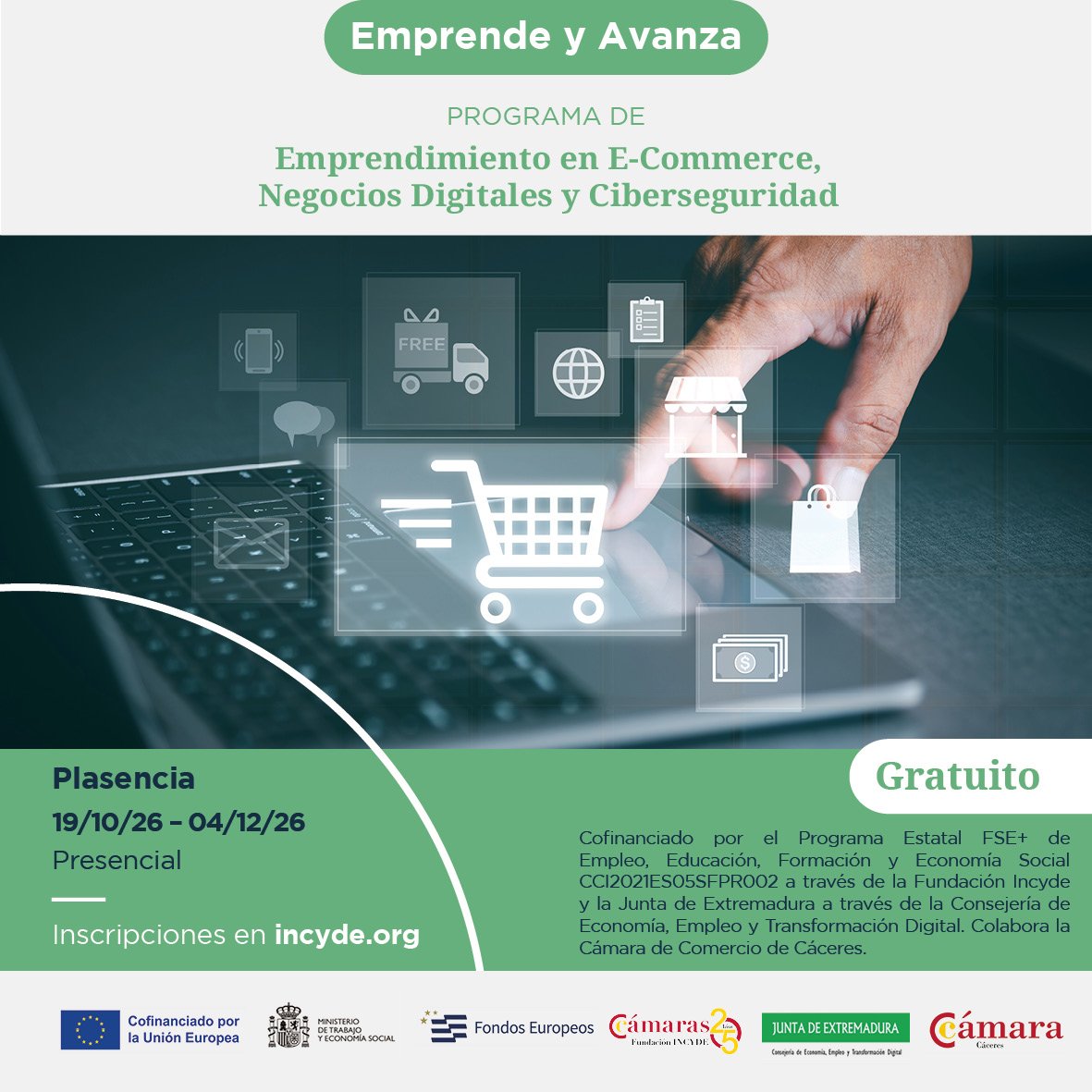 Curso gratuito en Plasencia para emprender en E-Commerce, negocios digitales y ciberseguridad